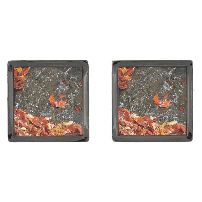 Fall Leaves in Waterfall I Autumn Photography Cufflinks (Front)