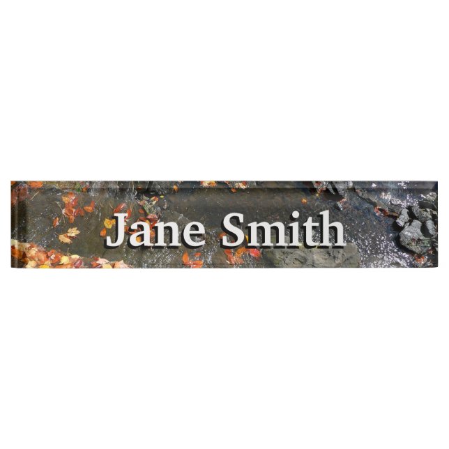 Fall Leaves in Waterfall I Autumn Photography Desk Name Plate (Front)
