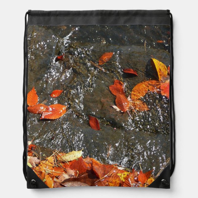 Fall Leaves in Waterfall I Autumn Photography Drawstring Bag (Front)