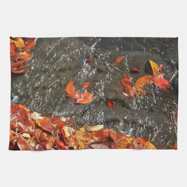 Fall Leaves in Waterfall I Autumn Photography Kitchen Towel (Horizontal)