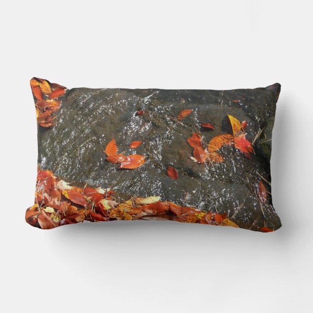 Fall Leaves in Waterfall I Autumn Photography Lumbar Pillow (Front)