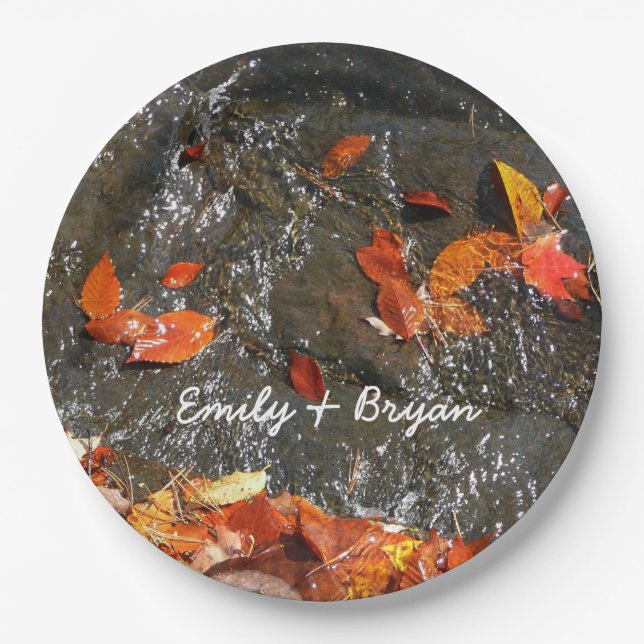 Fall Leaves in Waterfall I Autumn Photography Paper Plates (Front)