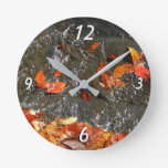 Fall Leaves in Waterfall I Autumn Photography Round Clock