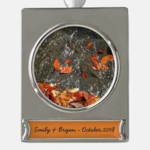 Fall Leaves in Waterfall I Autumn Photography Silver Plated Banner Ornament