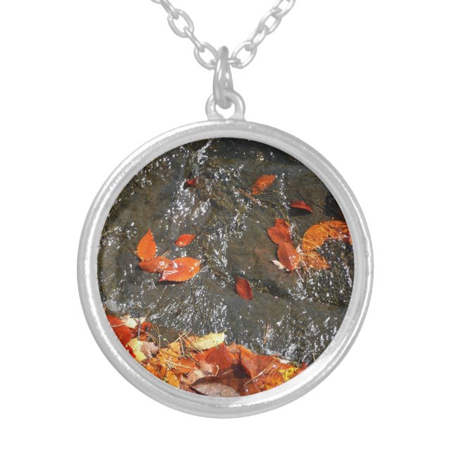 Fall Leaves in Waterfall I Autumn Photography Silver Plated Necklace (Front)