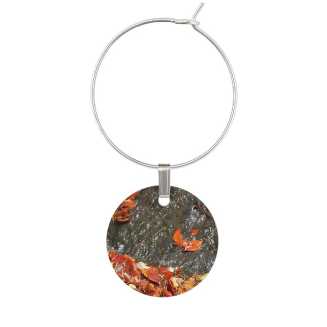 Fall Leaves in Waterfall I Autumn Photography Wine Glass Charm (Front)