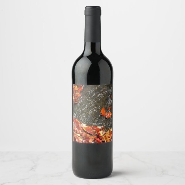 Fall Leaves in Waterfall I Autumn Photography Wine Label (Front)