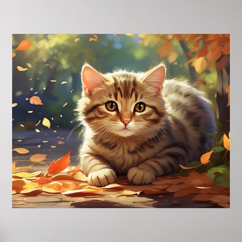  Fall Leaves Kitty  54  Kitten Cat AP68  Poster