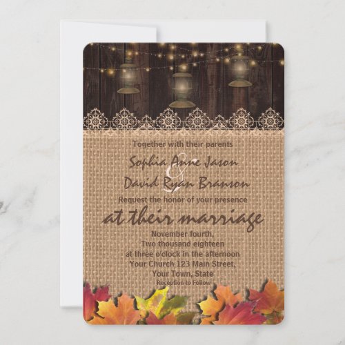 Fall Leaves Lace Burlap Wood Wedding Invite