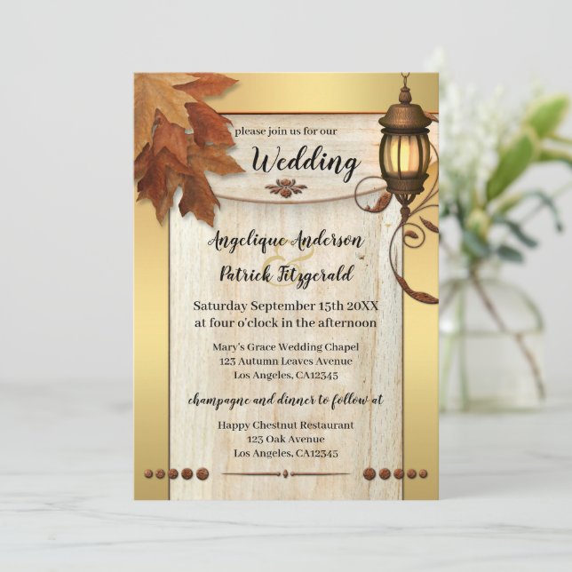 Fall Leaves Lantern Light Gold Wedding Invitation (Standing Front)