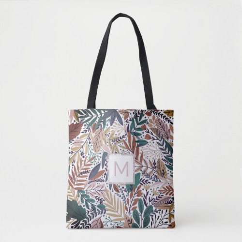 Fall Leaves Line Art and Pale Rose Pink Monogram Tote Bag