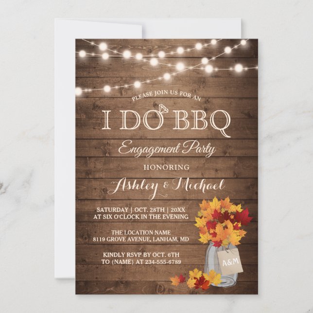 Fall Leaves Mason Jar I DO BBQ Engagement Party Invitation (Front)
