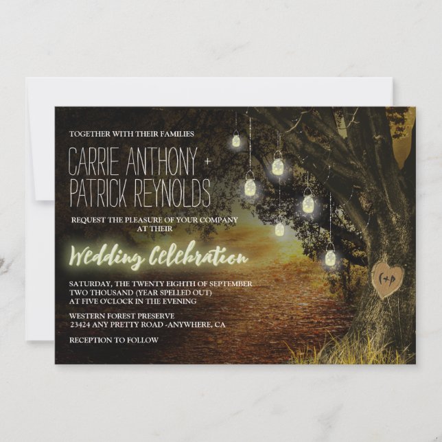 Fall Leaves Mason Jar Oak Tree Wedding Invitations (Front)