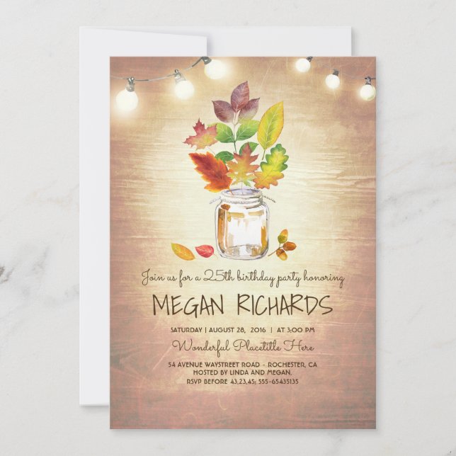Fall Leaves Mason Jar Rustic Birthday Party Invitation (Front)