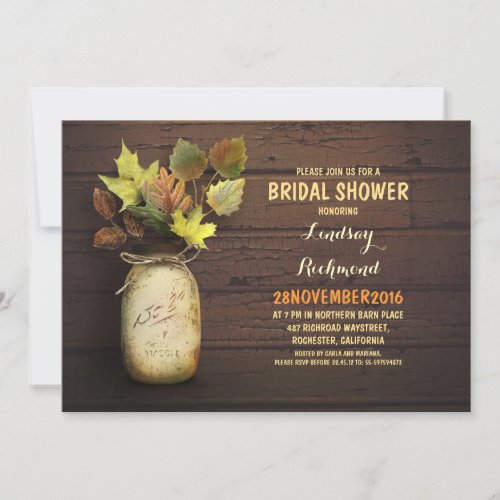 Fall leaves mason jar rustic bridal shower invites