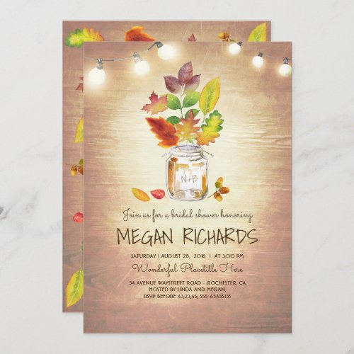 Fall Leaves Mason Jar Rustic Country Bridal Shower Invitation