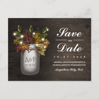 Fall Leaves Mason Jar Rustic Save The Date Cards by RusticWeddings at Zazzle