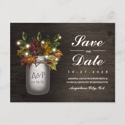 Fall Leaves Mason Jar Rustic Save The Date Cards
