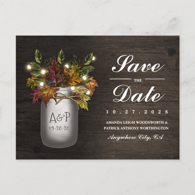 Fall Leaves Mason Jar Rustic Save The Date Cards (Front)