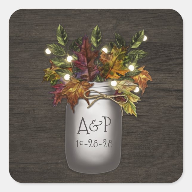 Fall Leaves Mason Jar Rustic Wedding Favor Square Sticker (Front)