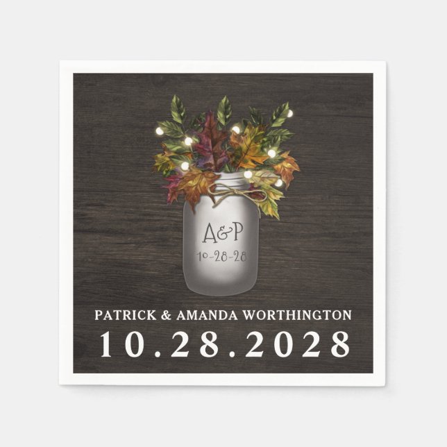 Fall Leaves Mason Jar Rustic Wedding Napkins (Front)