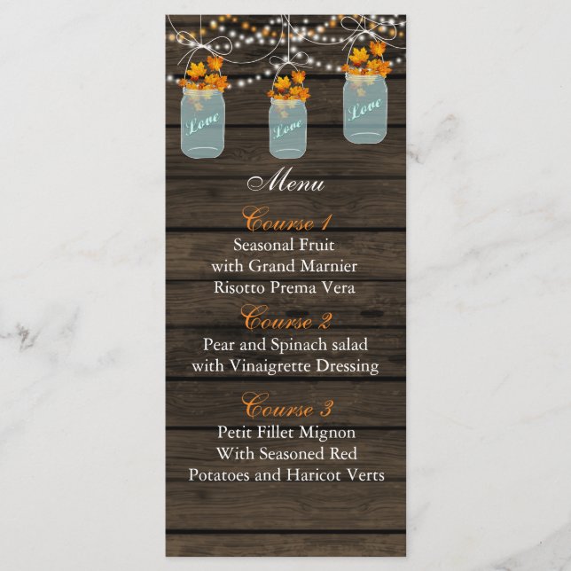 fall leaves mason jar wedding menu cards (Front)