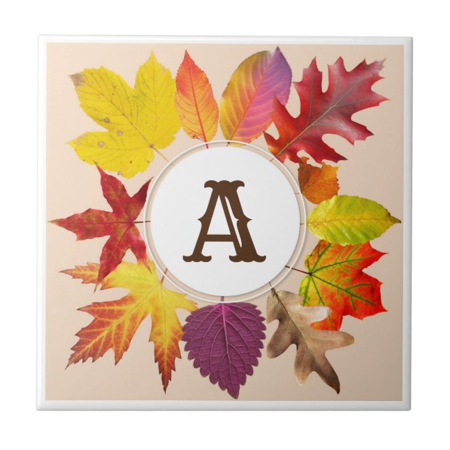 Fall leaves monogram ceramic tile (Front)