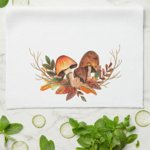 Fall Leaves Mushrooms Retro Kitchen Towel
