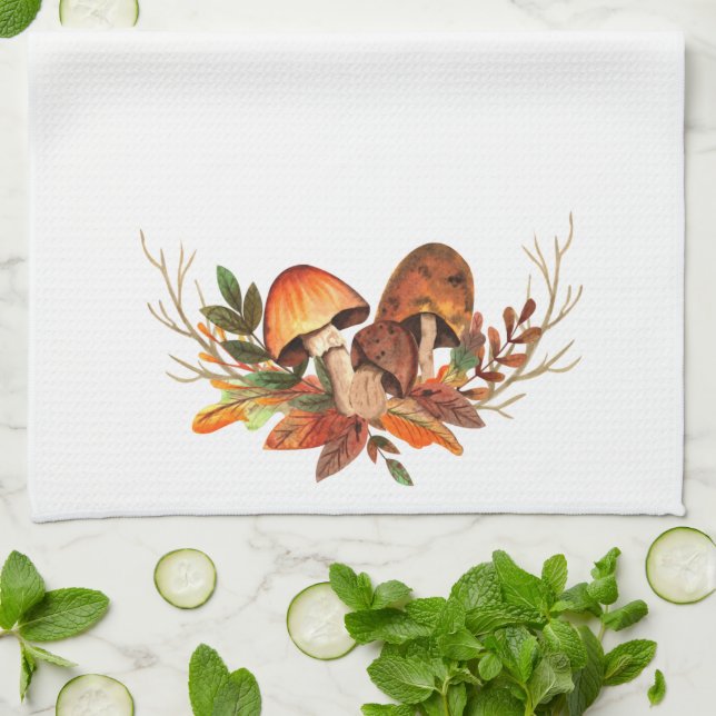 Fall Leaves Mushrooms Retro Kitchen Towel (Folded)