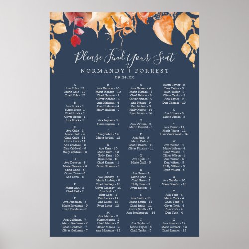 Fall Leaves  Navy Blue Alphabetical Seating Chart