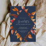 Fall Leaves | Navy Blue & Burgundy 40th Birthday Invitation<br><div class="desc">This fall leaves navy blue and burgundy 40th birthday invitation is perfect for an October birthday party. The modern rustic design features stunning hand painted watercolor autumn leaves in colorful shades of yellow,  burnt orange,  and burgundy red which pops on a navy blue background.</div>