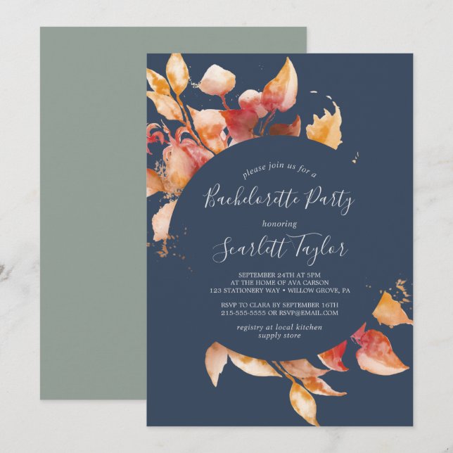 Fall Leaves | Navy Blue & Burgundy Bachelorette Invitation (Front/Back)
