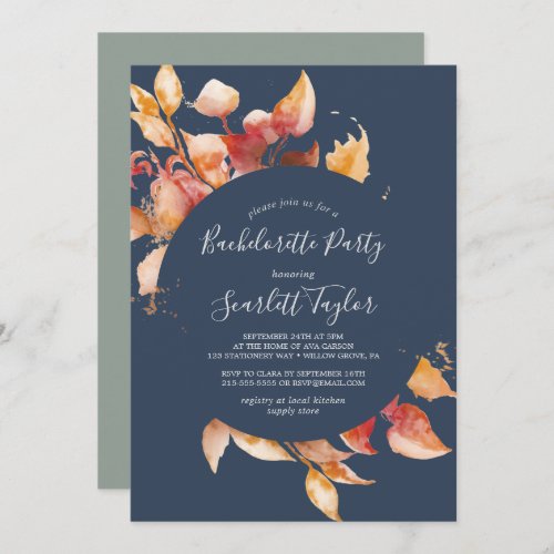 Fall Leaves  Navy Blue  Burgundy Bachelorette Invitation