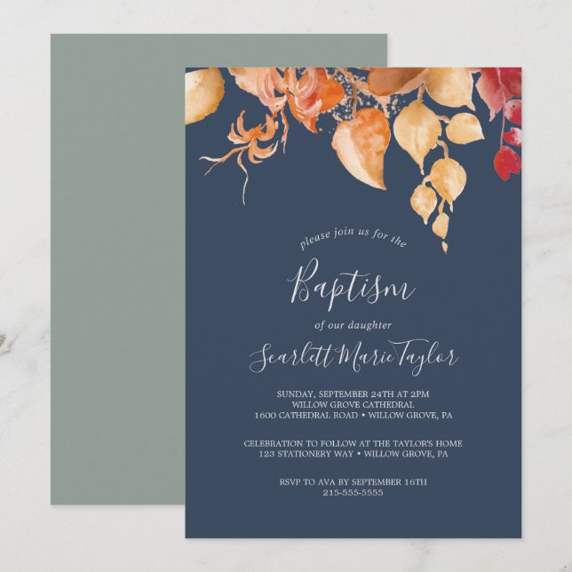 Fall Leaves | Navy Blue & Burgundy Baptism Invitation (Front/Back)