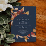 Fall Leaves | Navy Blue & Burgundy Casual Wedding Invitation<br><div class="desc">This fall leaves navy blue and burgundy casual wedding invitation is perfect for an October wedding. The modern rustic design features stunning hand painted watercolor autumn leaves in colorful shades of yellow,  burnt orange,  and burgundy red which pops on a navy blue background.</div>