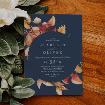 Fall Leaves | Navy Blue & Burgundy Casual Wedding Invitation