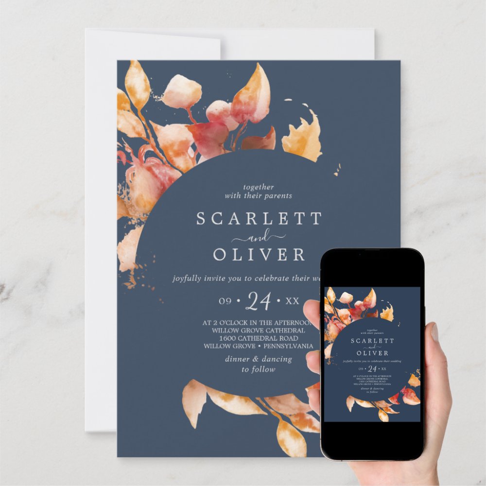 Discover Fall Leaves | Navy Blue & Burgundy Casual Wedding Invitation