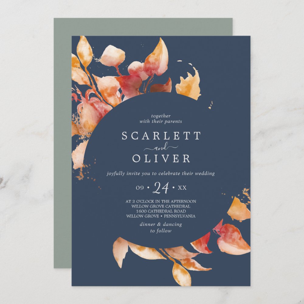 Disover Fall Leaves | Navy Blue & Burgundy Casual Wedding Invitation