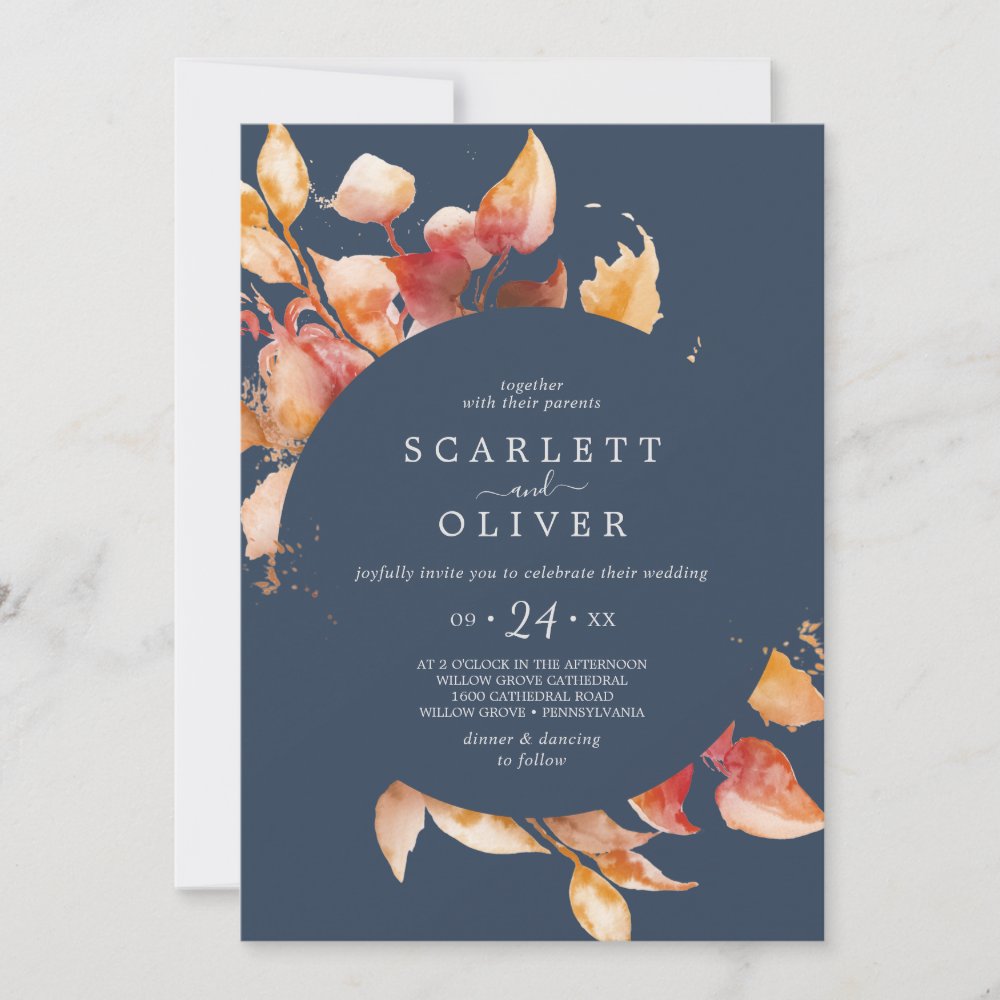 Discover Fall Leaves | Navy Blue & Burgundy Casual Wedding Invitation
