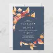 Fall Leaves | Navy Blue & Burgundy Casual Wedding Invitation (Front)