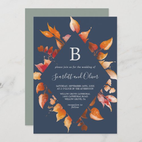 Fall Leaves  Navy Blue  Burgundy Diamond Wedding Invitation