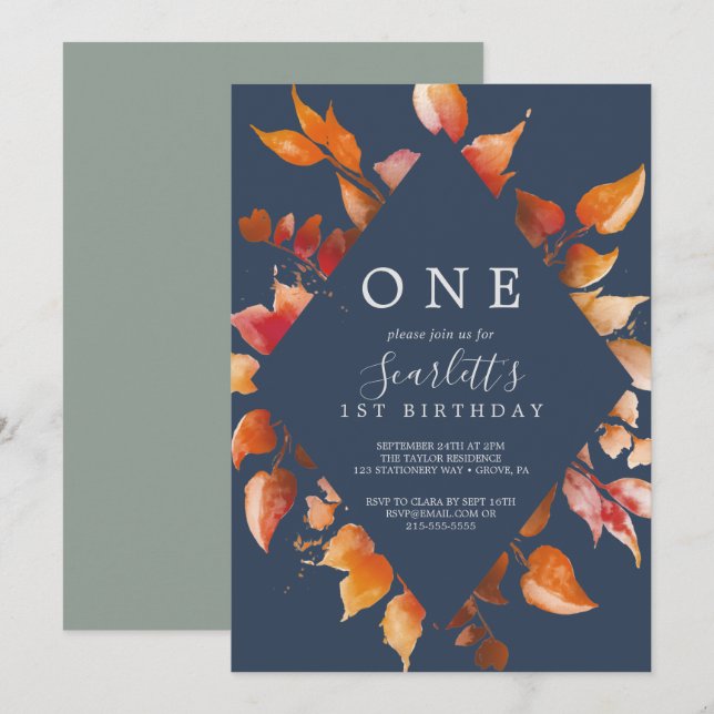 Fall Leaves | Navy Blue & Burgundy First Birthday Invitation (Front/Back)