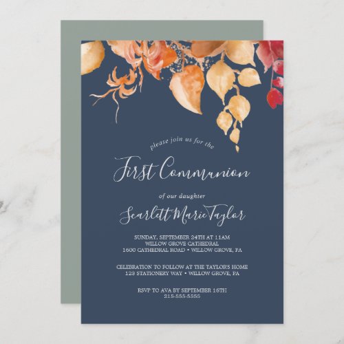 Fall Leaves  Navy Blue  Burgundy First Communion Invitation