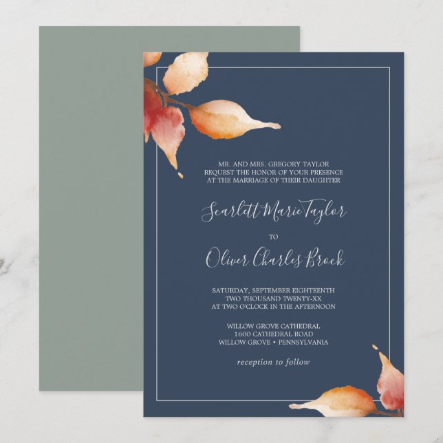 Fall Leaves | Navy Blue & Burgundy Formal Wedding Invitation (Front/Back)