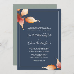 Fall Leaves   Navy Blue & Burgundy Formal Wedding Invitation