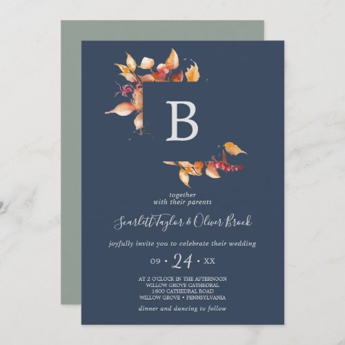 Fall Leaves Navy Blue  Burgundy Monogram Wedding Invitation