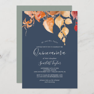 Fall Leaves Navy Blue & Burgundy Quinceañera Invitation