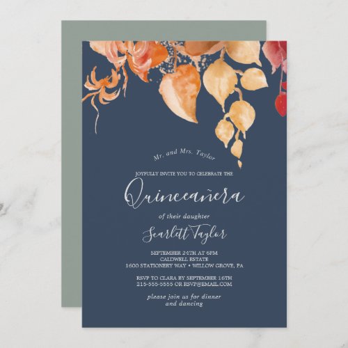 Fall Leaves  Navy Blue  Burgundy Quinceaera Invitation