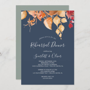Fall Leaves Navy Blue & Burgundy Rehearsal Dinner Invitation