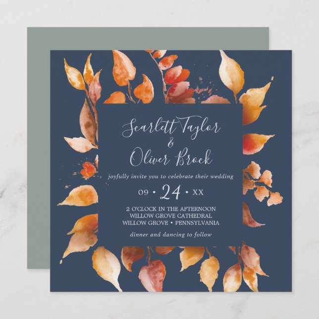 Fall Leaves | Navy Blue & Burgundy Square Wedding Invitation (Front/Back)